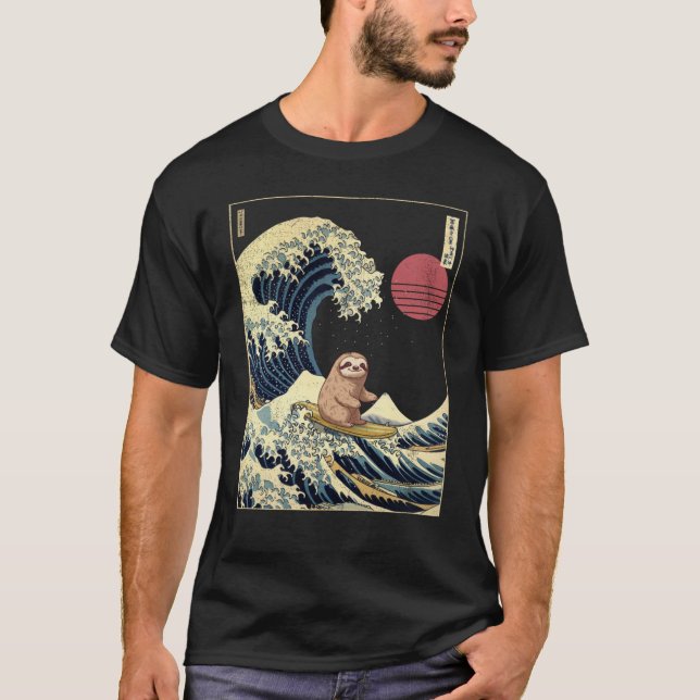 Sloth Kanagawa Japanese Surfing Wave T-Shirt (Vorderseite)