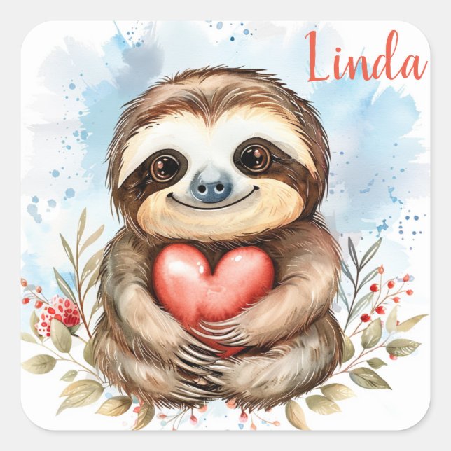 Sloth Liebe personalisieren Quadratischer Aufkleber (Vorderseite)