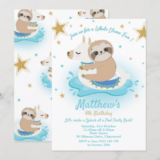 Sloth Llama Pool Party Geburtstag Einladung Boys