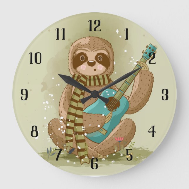 Sloth mit Gitarre Große Wanduhr (Vorderseite)