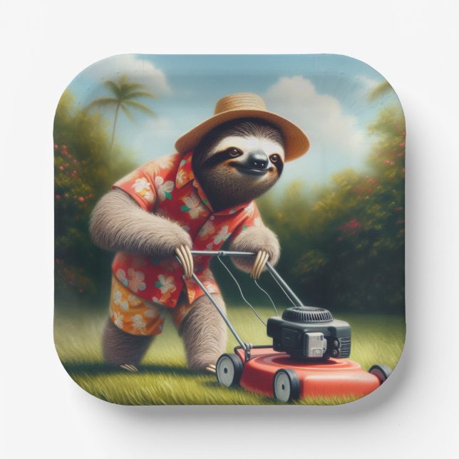 Sloth Mowing Lawn Pappteller (Vorderseite)