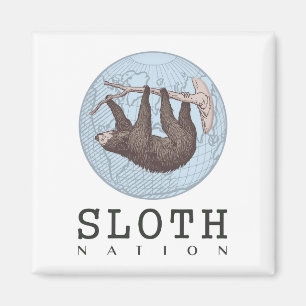 Sloth on Tree and Globe mit Sloth Nation Text Magnet
