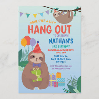 Sloth Party Geburtstag Niedlicher Spaß Blaue Tiere Einladung