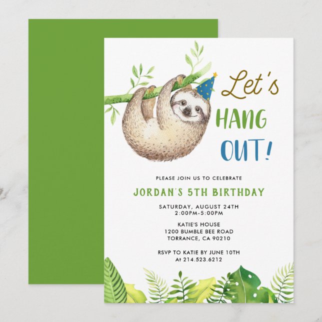 Sloth Party | Hanging Sloth Boy Birthday Party Einladung (Vorne/Hinten)