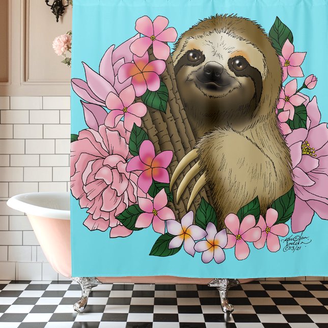 Sloth Pink-Blume Duschvorhang (Von Creator hochgeladen)