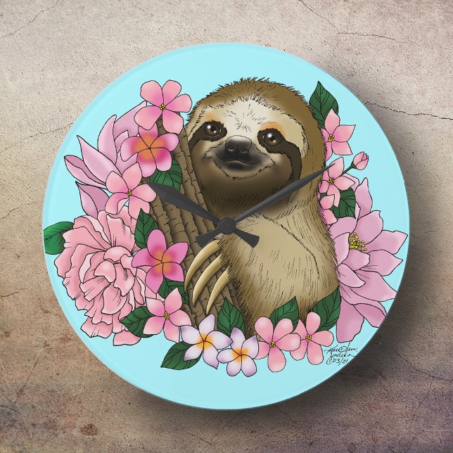 Sloth Pink-Blume Große Wanduhr (Von Creator hochgeladen)