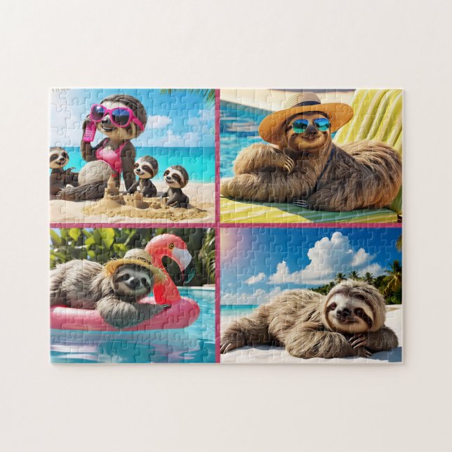 Sloth Pool Party Collage Funny Relaxing Beach Puzzle (Horizontal)