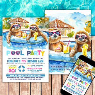Sloth Pool Party Geburtstagseinladung Einladung