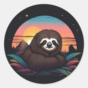 Sloth Portrait mit Sonnenuntergang Runder Aufkleber