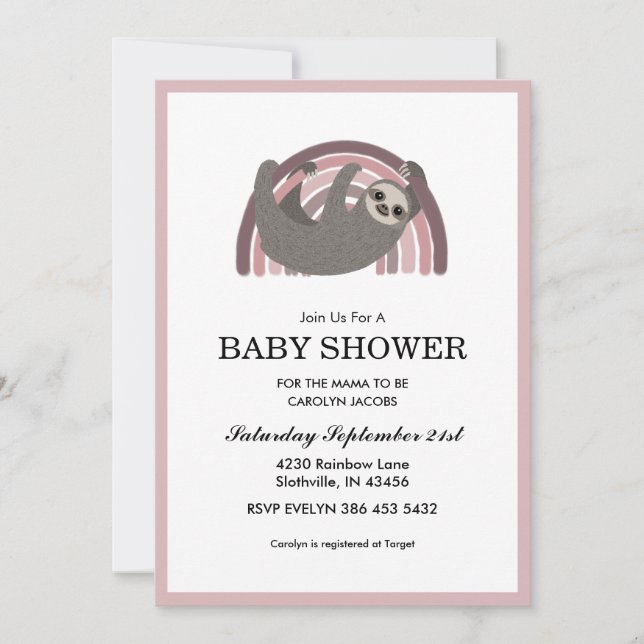 Sloth Rainbow Mauve Baby Girl Baby Shower Einladung (Vorderseite)
