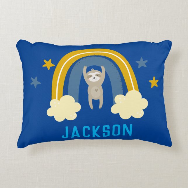 Sloth Rainbow Navy Blue Personalize Name Dekokissen (Vorderseite)