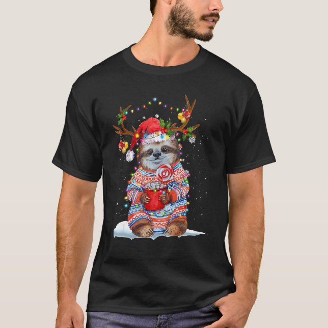 Sloth Reindeer Santa Hat Xmas Lights Christmas Xma T-Shirt (Vorderseite)