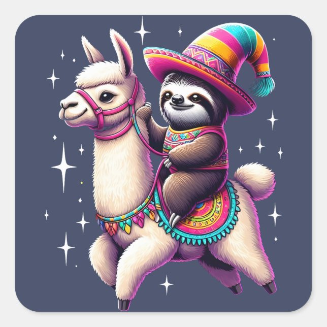 Sloth Riding auf Llama-Niedlichen Tieren Kindermäd Quadratischer Aufkleber (Vorderseite)
