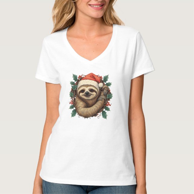 Sloth Santa Claus Weihnachten Niedlicher Cartoon T-Shirt (Vorderseite)