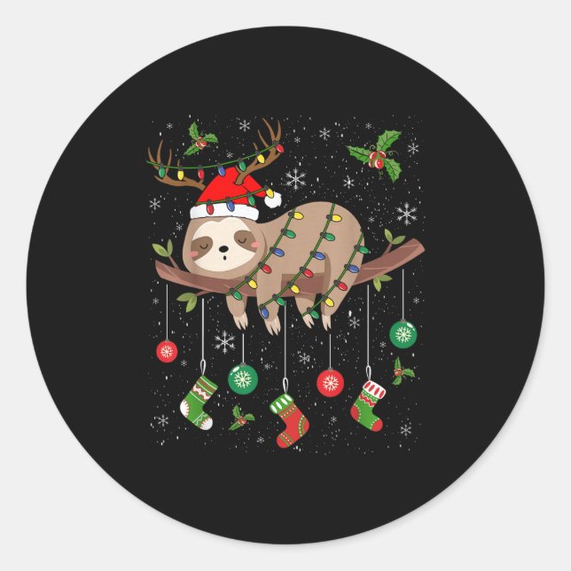 Sloths Xmas Lighting Reindeer Santa Hat Sloth Chri Runder Aufkleber (Vorderseite)