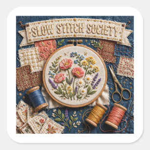 Slow Stitch Society Florale Stickerei Kunst Quadratischer Aufkleber