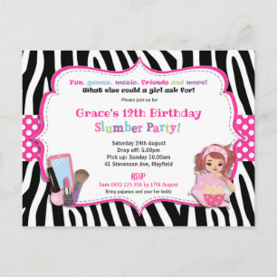 Slumber Geburtstagsparty Zebra Print Girl Einladun Postkarte