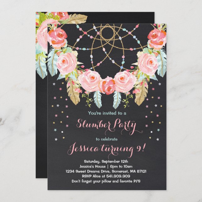 Slumber Party Birthday Invitation Sleepover Party Einladung (Vorne/Hinten)