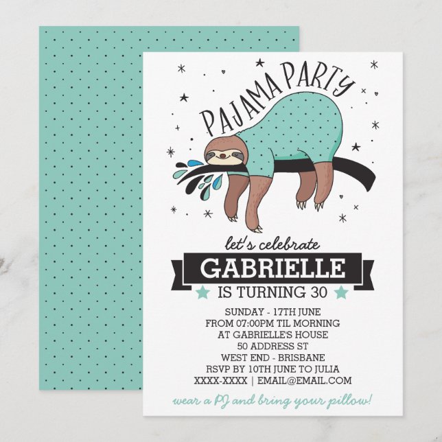 Slumber Party Sloth Einladung (Vorne/Hinten)