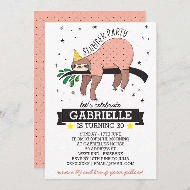 Slumber Party Sloth Einladung (Vorne/Hinten)
