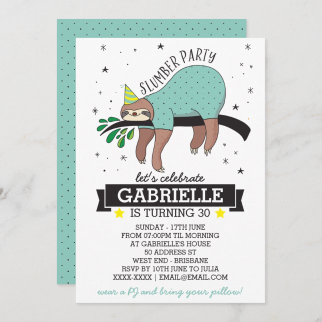 Slumber Party Sloth Einladung (Vorne/Hinten)