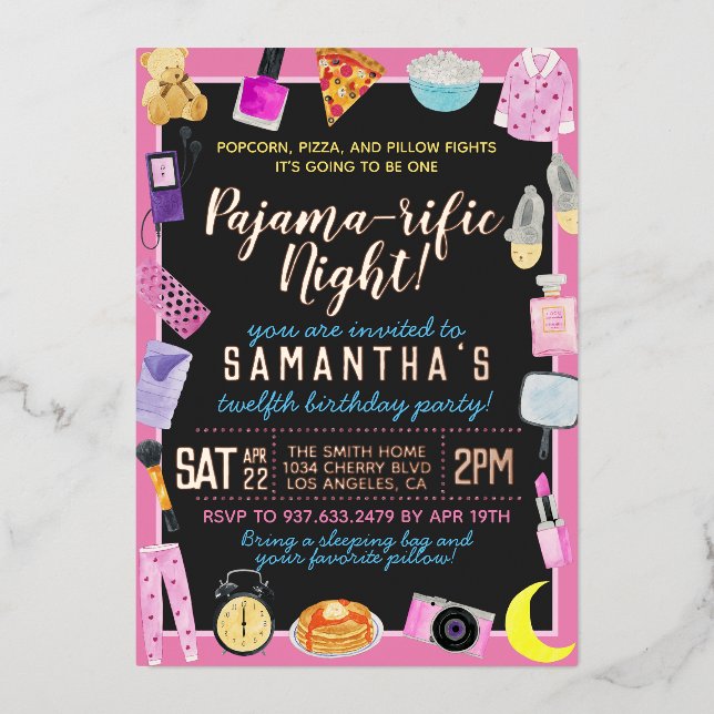Slumber Sleepover Pajama-erbaut Folieneinladung (Vorderseite)