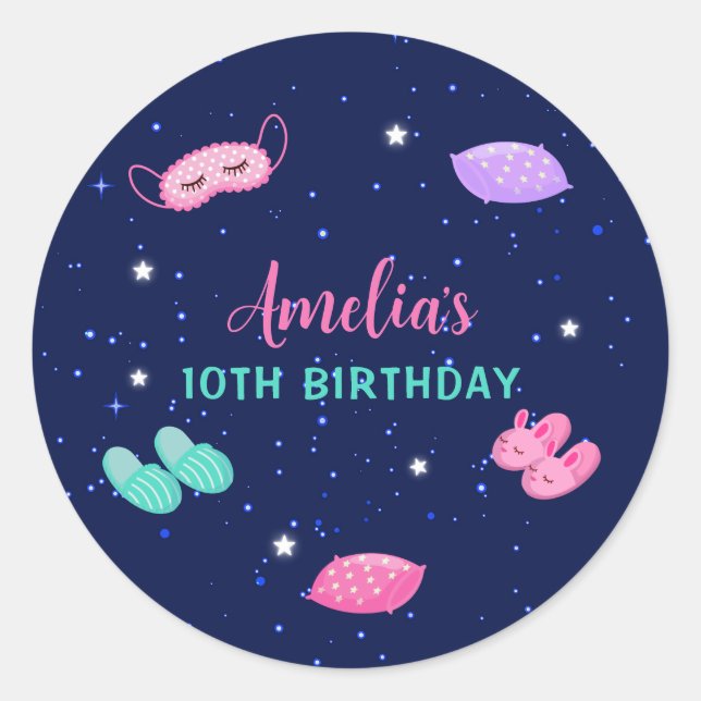 Slumber Sleepover Party Rosa Lila Sterne Runder Aufkleber (Vorderseite)