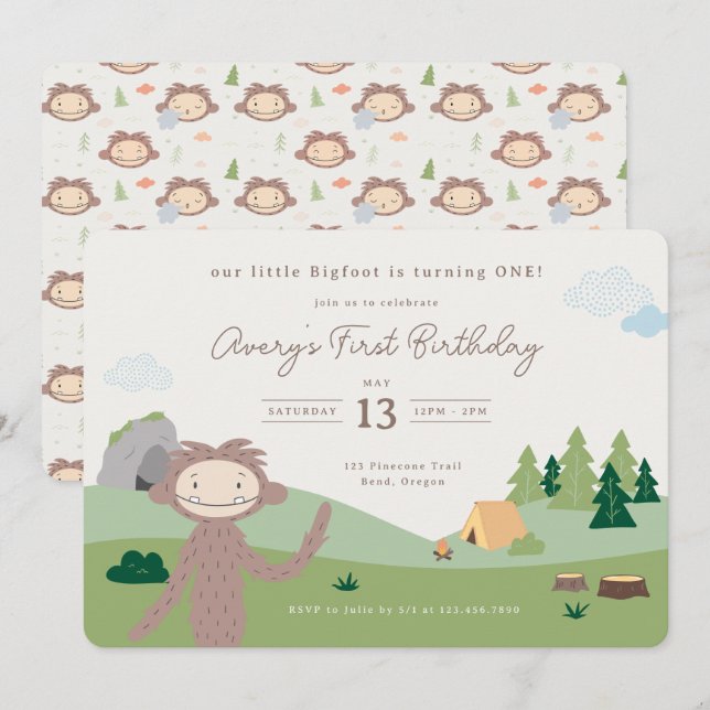 Slumberkins Bigfoot Woodland First Birthday Einladung (Vorne/Hinten)