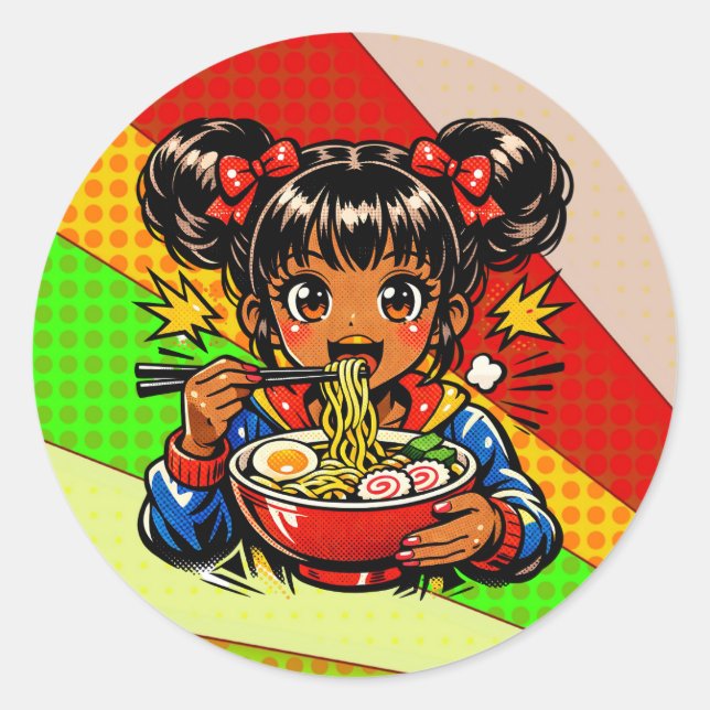 Slurp Nom Anime Girl Ramen Noodles Runder Aufkleber (Vorderseite)