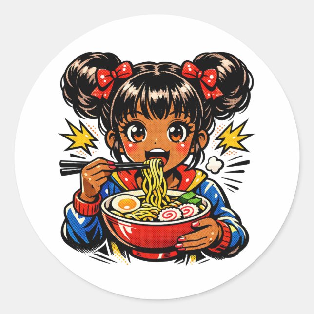 Slurp Nom Anime Girl Ramen Noodles Runder Aufkleber (Vorderseite)