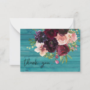 Small Burgundy & Pink Floral Blue Wood Vielen Dank Mitteilungskarte