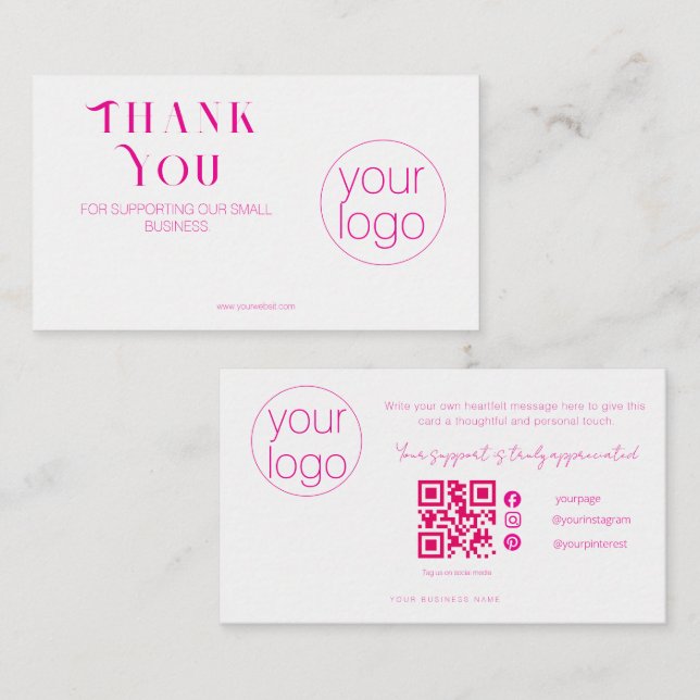Small Business Logo Thank You QR Card Blush Pink Visitenkarte (Vorne/Hinten)