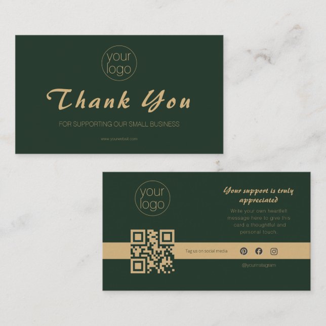 Small Business Logo Thank You QR Card Olive Gold Visitenkarte (Vorne/Hinten)