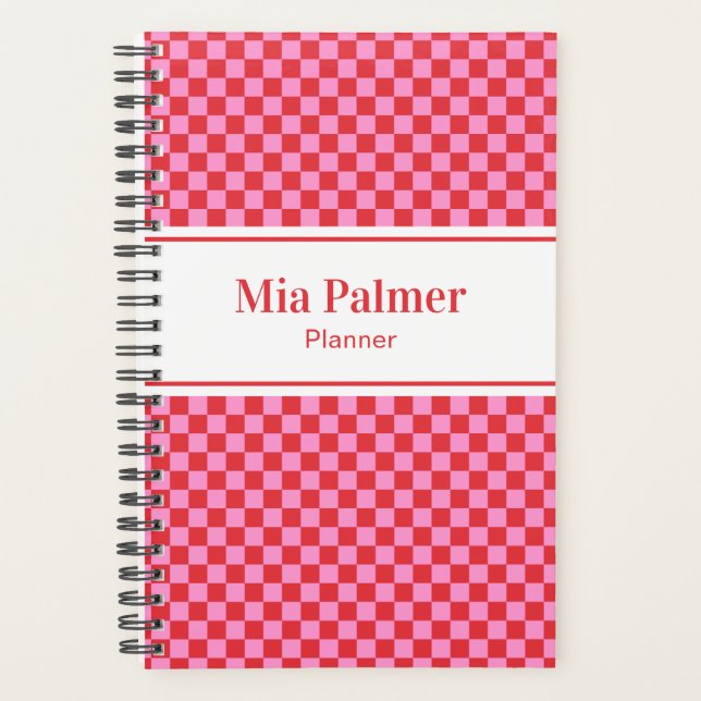 Small Cherry Red and Pink Checkerboard Planner Planer (Vorderseite)