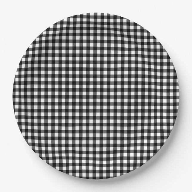 Small Classic Gingham Karo Kariertes Muster Schwar Pappteller (Vorderseite)