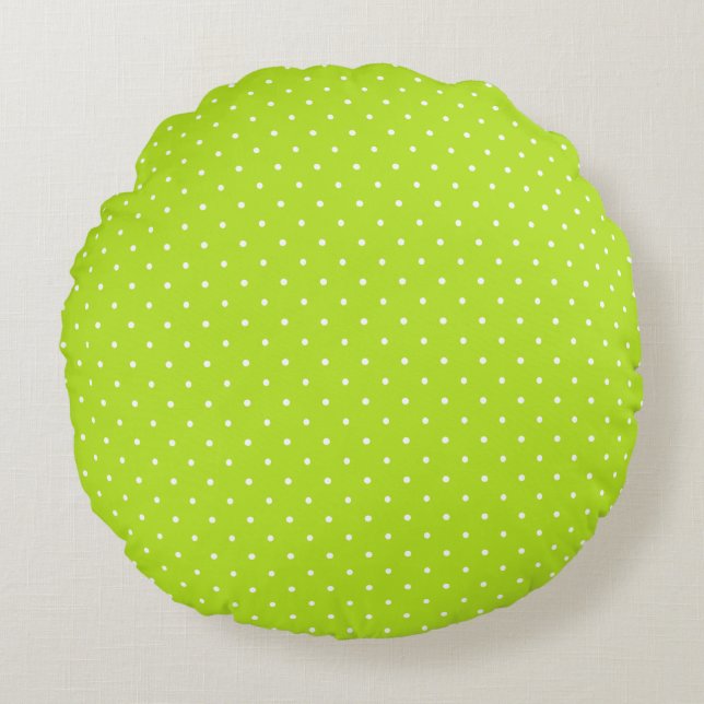 Small Lime Green and White Polka Dots Round Pillow Rundes Kissen (Vorderseite)