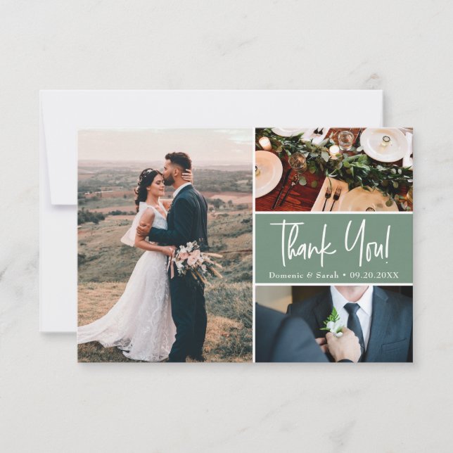 Small Sage green Custom Wedding photo collage Dankeskarte (Vorderseite)