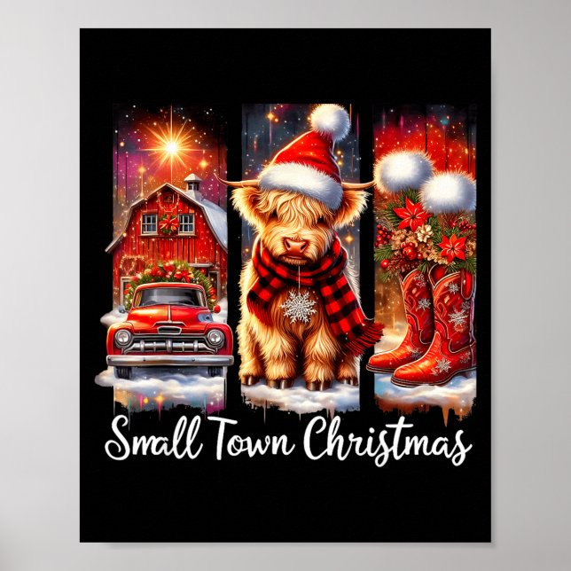 Small Town Christmas Highland Cow Western Art  Poster (Vorne)