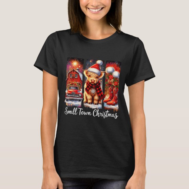 Small Town Christmas Highland Cow Western Art  T-Shirt (Vorderseite)