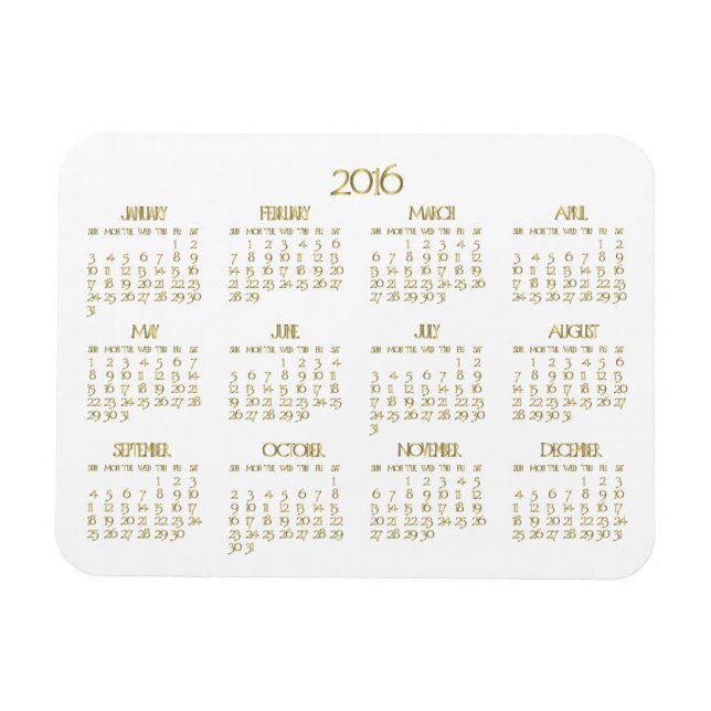 Small White and Gold Annual Calendar 2016 Magnete (Horizontal)