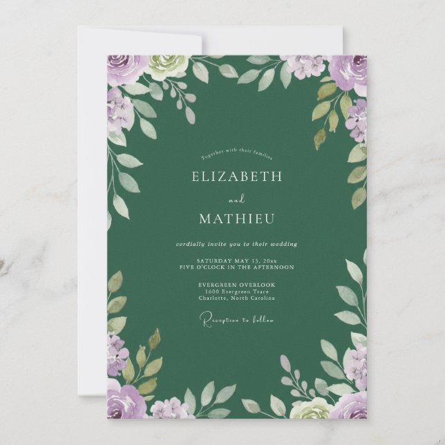 Smaragd-Amethyst-Blatt-Hochzeit Einladung (Vorderseite)