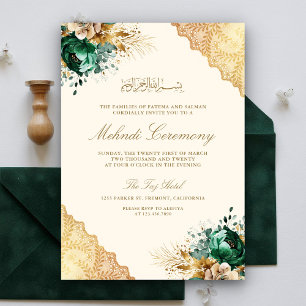 Smaragd-Blumen-Goldspitze Muslim-Mehandi-Zeremonie Einladung