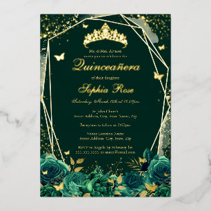 Smaragd-Blumen-Schmetterlings-Diadem Quinceanera Folieneinladung