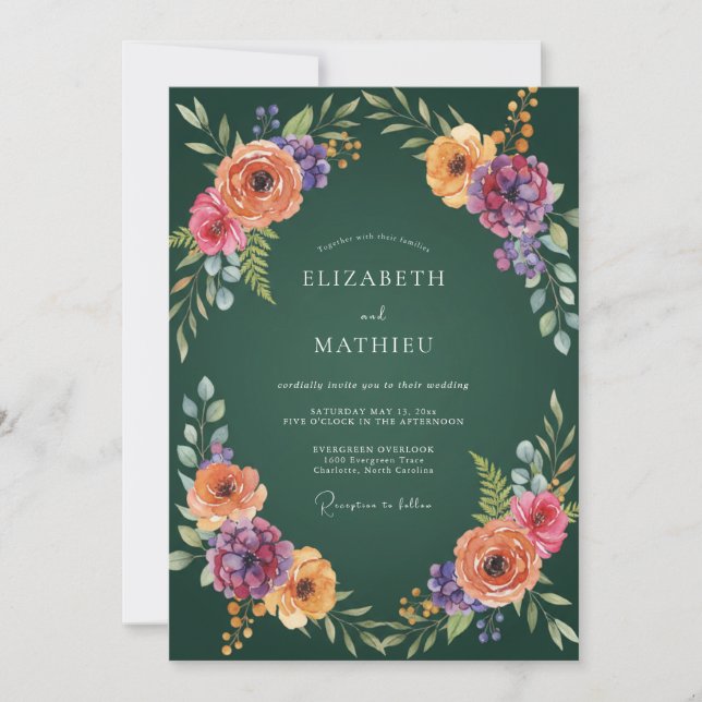 Smaragd-Blüten-Hochzeit Einladung (Vorderseite)