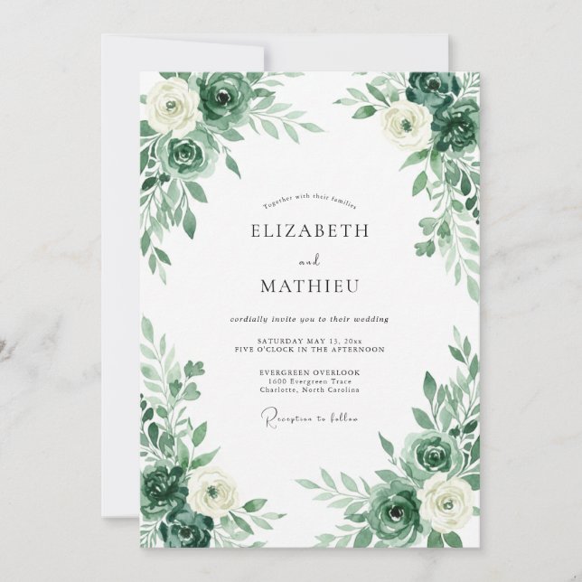 Smaragd-Blüten-Hochzeit Einladung (Vorderseite)