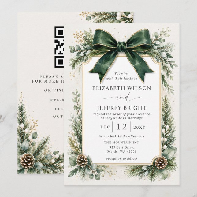 Smaragd-Bogen-Blumen-Winter-QR-Code-Hochzeit Einladung (Vorne/Hinten)