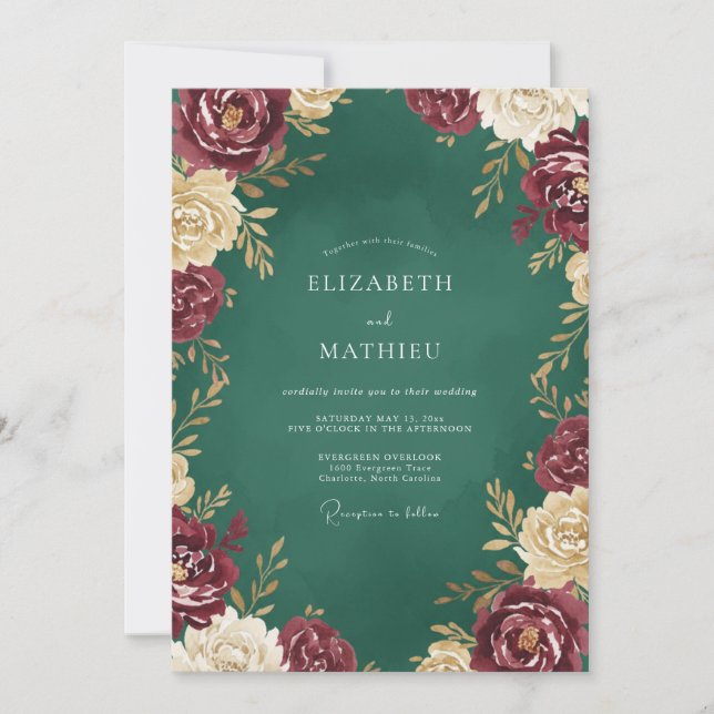 Smaragd-Bordeaux-Rosen-Hochzeit Einladung (Vorderseite)