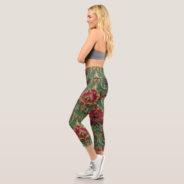 Smaragd-Burgunder-Barock-Damask Capri Leggings (Links)