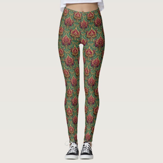 Smaragd-Burgunder-Barock-Damaskus Leggings (Vorderseite)