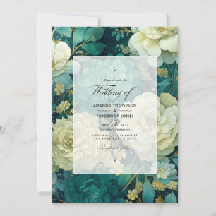 Smaragd-, Creme- und Gold-Blumenhochzeit Einladung
